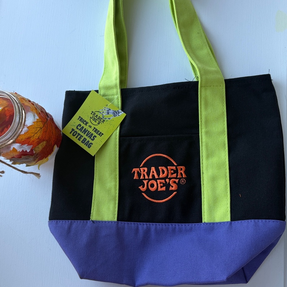 Trader Joe's Black and Purple Canvas Tote Bag
